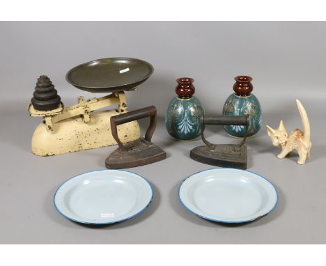 A pair of Lovatt stoneware vases, a Sylvac cat, pair of kitchen scales, pair of flat irons and a pair of enamel dishes.