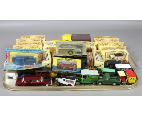 A tray of Diecast model/toy cars including Corgi, Lesney, Matchbox and boxed Lledo Days Gone vehicles.