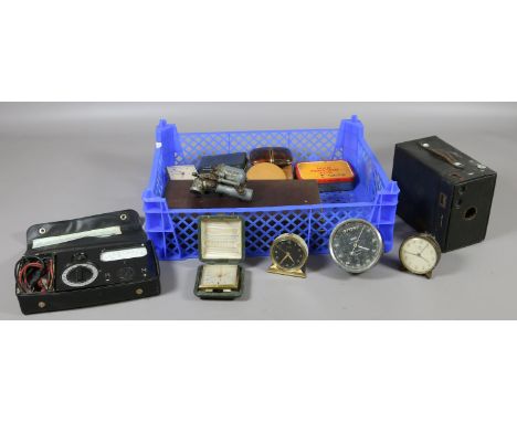 A box of collectables including a Kodak boxed camera, a Smiths chronometric car dial, a vintage HVC electrical circuit/load t