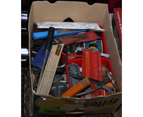 A box of various tools to include tools and socket set, spanners, tap and dye, leather punch etc.