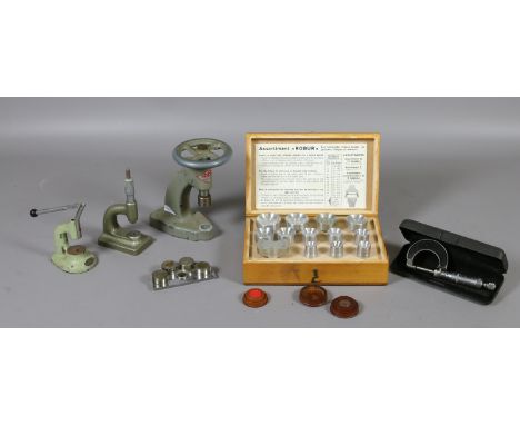 A lot of horologists tools including a cased Robur watch crystal fitting set, a Bergeon lubrication pot set and similar and a