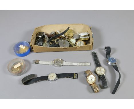 A box of vintage watches, watch heads and pocket watch movements, including Ingersol, Poldot, Timex etc.