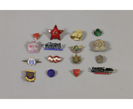 A collection of cap badges to include World War II red army star, Sheffield Speedway Tigers, LNER, WVS civil defence etc.