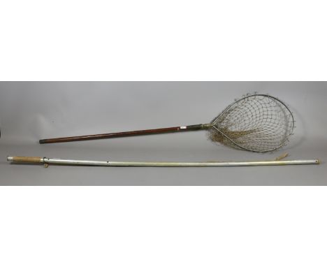 A Hardy Brothers folding landing net with brass mounts, along with a wading depth stick.