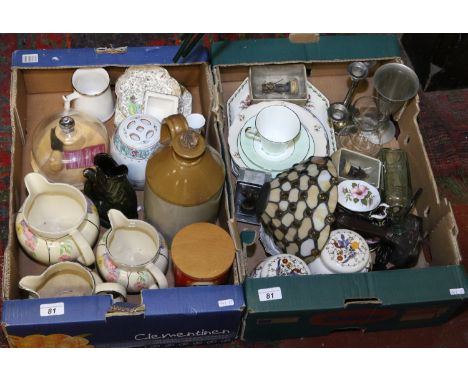 Two boxes of mixed ceramics, glasswares and metalwares including Dartmouth fish, Arthur Wood, Tiffany style lamp, Royal Alber