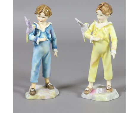 Two Royal Worcester figures modelled by F. G. Doughty. The Parakeet blue and yellow colourways.