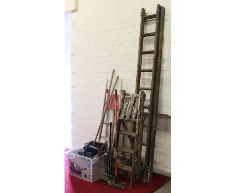A collection of tools to include eight foot double extending ladder, alloy steps, wooden steps, boxed garden tools, old edgin