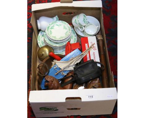 A box of miscellaneous including a part C19th china tea service, a brass lobby bell, wooden truncheon, a star yacht model boa