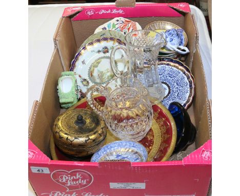 A box of china and glass including 18th century Worcester, Derby, Spode and Whitefriars etc. 