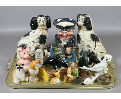 A tray of collectables to include Staffordshire mantel dogs, Shorter Toby jug old salt, Wade, Hornsea, Beswick, Poole and cre