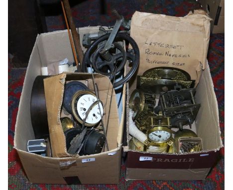 Two boxes of clock parts and clock makers tools including a Torsion clock, brass twin train movement, French cylinder movemen