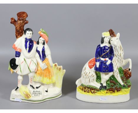 A modern Staffordshire style flatback model, Burns and his Mary and another of a seated creature and friend.