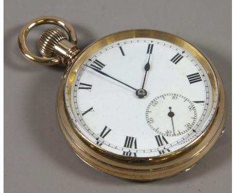 A gold plated Supreme pocket watch with enamel dial, Roman numeral markers and subsidiary seconds.