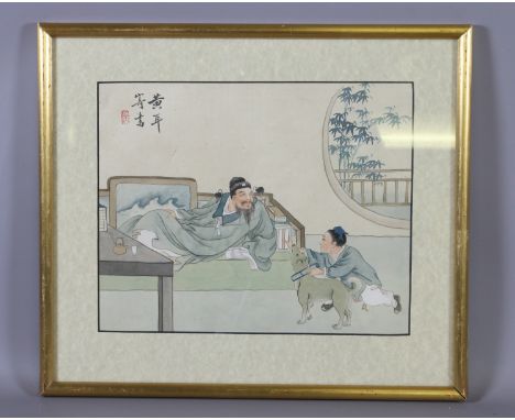 A 19th century Chinese gilt framed watercolour on silk. Interior scene with a man, boy and dog. Red seal mark and calligraphy