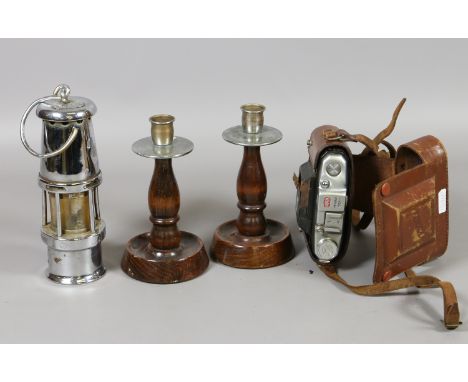 A group of items to include A miners safety lamp by Wolf a pair of oak candlesticks and a Kigawa camera