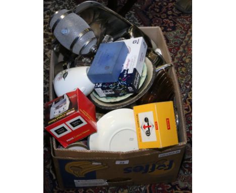 A box of miscellaneous including art pottery other ceramics including J & G Meakin, Sylvac etc, glass and metalware.