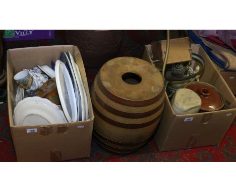 Two boxes of miscellaneous including Victorian hanging brass lamp, Booths old willow pattern and stoneware vessels etc.