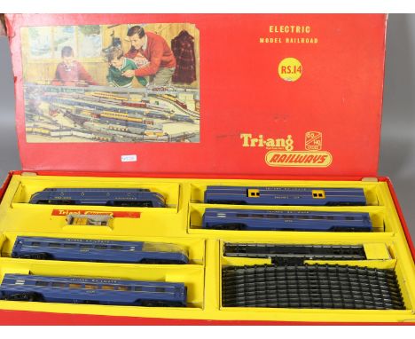 A boxed Triang electric model railroad set RS14 oo gauge American blue.