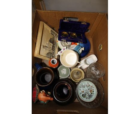 Box of mixed china/glassware including ivorex and chemist scales