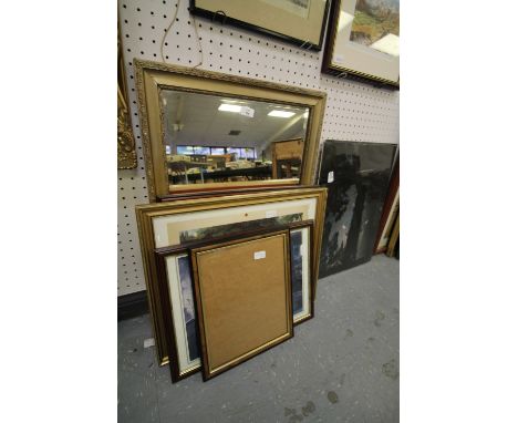 Gilt mirror, 4 prints and picture frame