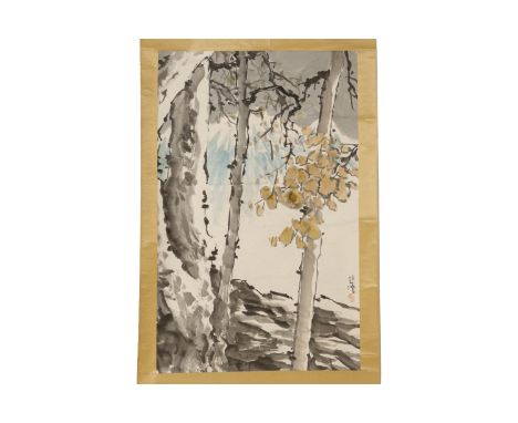 A CHINESE SCROLL IN THE STYLE OF XU BEIHONG
A study of trees before a mountain landscape
105 x 71cm excluding scroll backing
