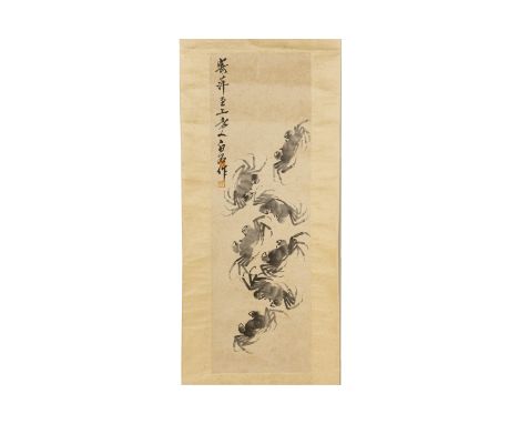 A CHINESE SCROLL OF CRABS
(Creasing to paper and backing, viewing advised)
108 x 34cm excluding backing
Condition: For a cond