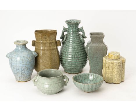 A GROUP OF SEVEN CHINESE CRACKLE GLAZED CERAMICS
Including a pear shaped vase, twin handled arrow shaped vase etc. (ovoid exa