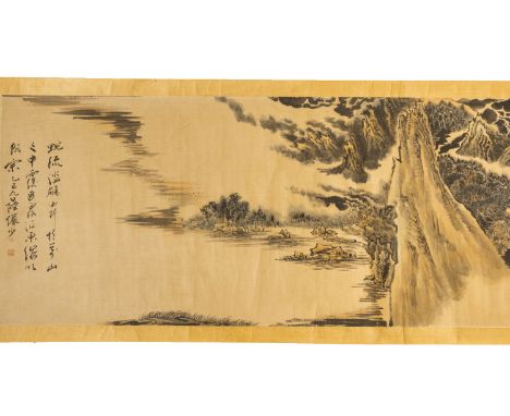 A VERY LONG CHINESE LANDSCAPE SCROLL
Depicting an extensive mountainous and river landscape, with a large section of calligra