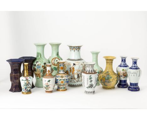 THIRTEEN ASSORTED CHINESE CERAMIC VASES
With varying figural and floral decoration
The largest 34cm high
Condition: For a con