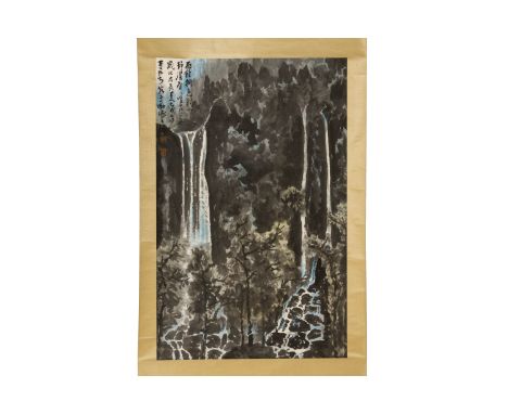 A CHINESE LANDSCAPE SCROLL IN THE STYLE OF LI KERAN
Depicting a waterfall in a wooded landscape
107 x 67cm excluding backing
