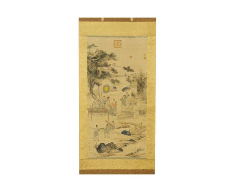 A CHINESE SCROLL AFTER THE WORK BY GIUSEPPE CASTIGLIONE
Emperor Qianlong with attendants in a garden setting
207 x 64cm exclu