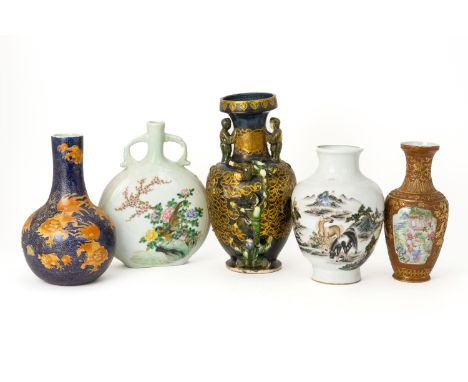 A GROUP OF FIVE CHINESE CERAMIC VASES
Including a famille rose moon flask; a relief moulded vase; one example decorated with 