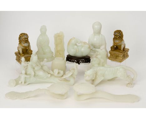 AN ASSORTED GROUP OF IMITATION JADE OBJECTS
Of unknown opaque glass-like material including ruyi sceptres; figures; Buddhist 