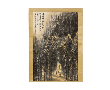 A CHINESE LANDSCAPE SCROLL IN THE STYLE OF LI KERAN
Depicting figures in a wooded landscape
105 x 68cm excluding backing
Cond