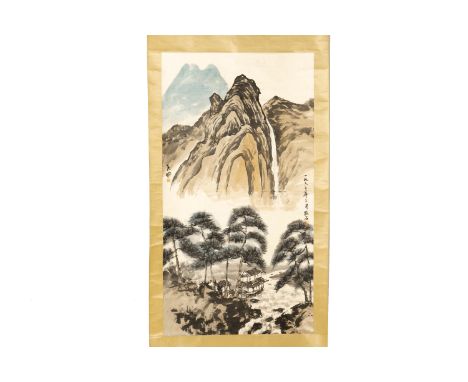 A CHINESE LANDSCAPE SCROLL IN THE STYLE OF HE XIANGNING
Depicting a house in a mountainous landscape
132 x 70cm excluding bac