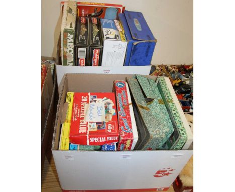 Two boxes containing a collection of mixed children's toys and puzzles to include Bayko No. 3 construction gift set, a Meccan