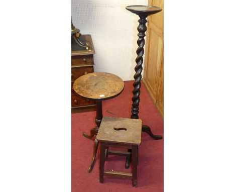 An early 20th century spiral turned oak plant stand; together with an early 19th century provincial oak circular fixed top pe