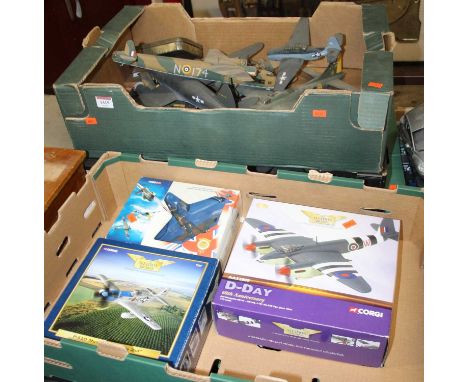 Four trays of mixed diecast, wooden and resin kit built and manufactured aircraft to include an Corgi Aviation Archive 60th a