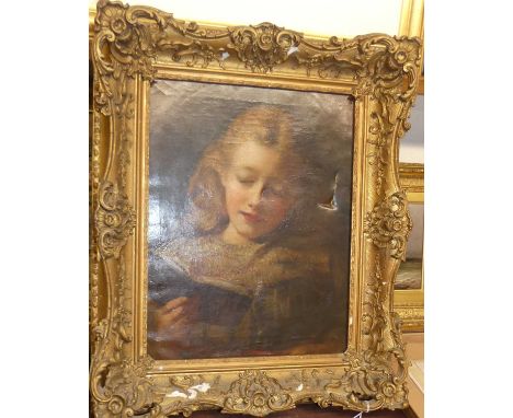 Late 19th century English school - half-length portrait of a young girl, oil on canvas (a/f), 45 x 34.5cm 