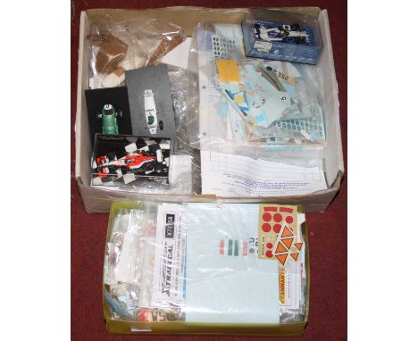 Two boxes containing a collection of mixed white metal 1/43 scale kits, spare parts and incomplete diecasts together with two