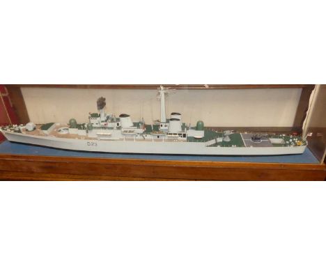 A scratch-built scale model of the Royal Navy Destroyer HMS Bristol (D23, type 82 Destroyer), housed in a plastic and wooden 