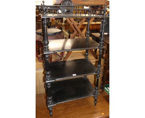 A late Victorian ebonised four tier whatnot, width 54cmFeels flimsy because pillar supports are not properly secured. Would b