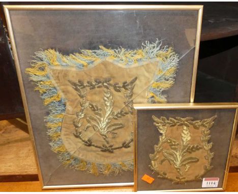 A 19th century gold thread on silk banner, in modern glazed frame, gross dimensions 32 x 28cm; together with a matching examp