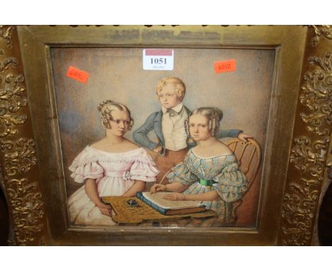 Mid-19th century English school - Portrait of the young Harrison children, watercolour, 23 x 23cm