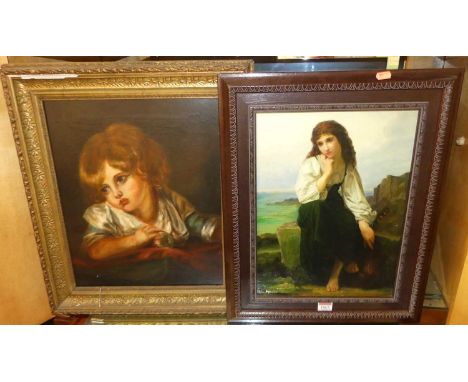 Early 20th century school portrait of a young child, oil on canvas, 42x34, and The Fishergirl - oil on panel (2) 