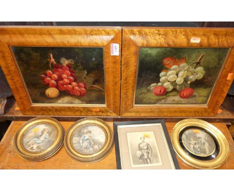 Pair late 19th century school - still life with fruit, oil on oak panel, each 20x24cm, together with three miniature portrait