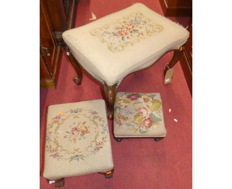 A 19th century rosewood and floral needlework tapestry dressing stool on cabriole supports, width 58cm, together with two fur