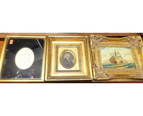 A Baxter print of Napoleon, one other, an early 19th century monochrome portrait miniature, reproduction composition relief p
