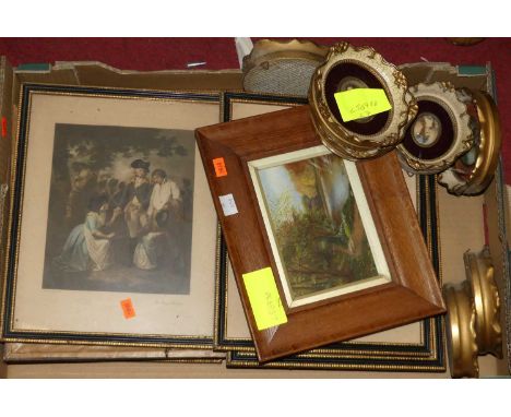 A box of assorted prints to include portrait miniatures, etc