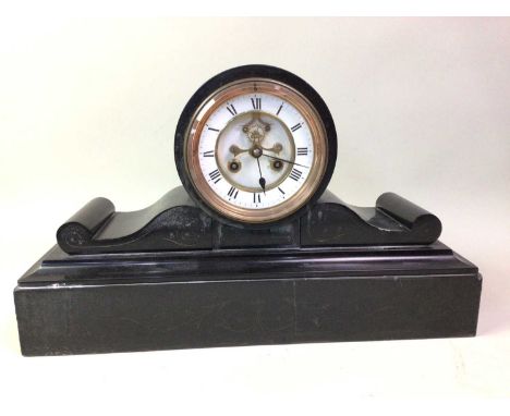 VICTORIAN BLACK SLATE MANTLE CLOCK, WITH A COPPER BED WARMING PAN AND A WALNUT MANTLE CLOCK the walnut mantle clock by Elliot